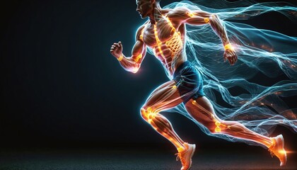 Semi-transparent athletic person with insight into the structure of stressed parts of the bones, tendons and muscles and lines of motion