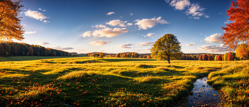 Autumn landscape - view of the meadow with stream and forest at sunrise. Nature landscape wallpaper, banner. Created using generative AI tools