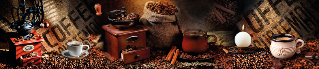 Scattered coffee beans, coffee mug, bag of coffee, coffee grinder