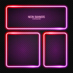 Glowing neon banners, illuminated colorful square frames. Shiny vibrant border, glow effect. Red vintage retro lights, night illumination. Modern futuristic UI design elements. Vector illustration