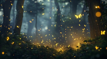 Darkened forest with fireflies their ethereal glow.