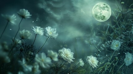 Fototapeta na wymiar Delicate white flowers in the glow of the moonlight.