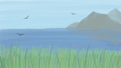 Sea and mountains landscape with birds. Natural beauty of seaside with grass and flowers. Travel hand-drawing illustration.