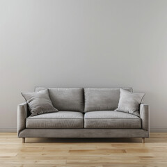 3D render of gray sofa standing on wooden floor. Generative AI