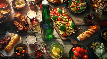 an inviting scene where a diverse selection of delicious foods is arranged around a central beer bottle on an aesthetically pleasing cocktail table - Powered by Adobe
