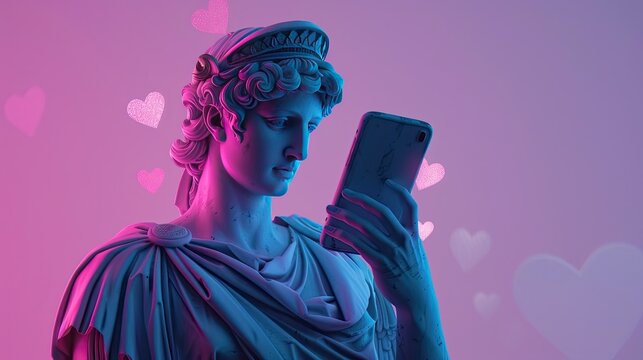 A painted sculpture of a man in ancient Greek pop art style with glasses, a man holding a smartphone and looking at the screen, chatting on social networks 1