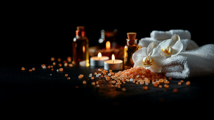 SPA concept: towels, candles, orchids, care and relaxation products.