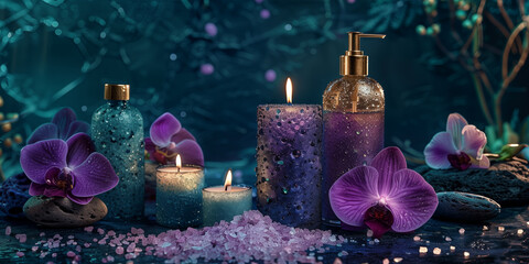 SPA concept: towels, candles, orchids, care and relaxation products.