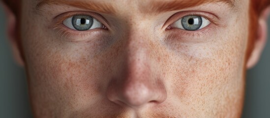 Young male with distinct freckles on his facial skin, showing a unique and natural feature - obrazy, fototapety, plakaty