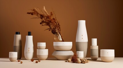 Fototapeta na wymiar an image highlighting the elegance of whole body ceramics in skincare packaging, set against a backdrop that reflects the product's inspiration from the beauty of nature