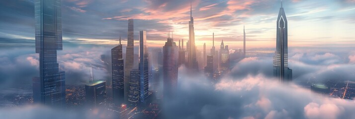 Futuristic cities with towering skyscrapers piercing through the clouds.