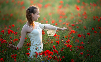 Lady of the Poppies: A Portrait of Elegance Amidst a Field of Flowers