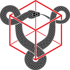 Vector tattoo design of snake bites its tail in the form of triquetra knot sign intertwined with cubic shaped frame. Isolated silhouette of triangular ouroboros symbol.