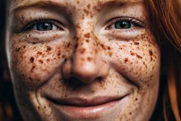 Close-up of a Smiling Person with Freckles - obrazy, fototapety, plakaty