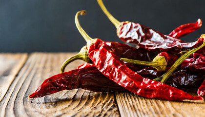 dried chili peppers on wood against a dark background; selective focus; place for text