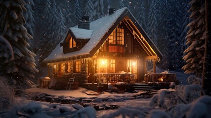 an image of a cozy cabin nestled in a snowy forest in the Pacific Northwest, featuring a rustic interior with a roaring fireplace and warm ambient lighting