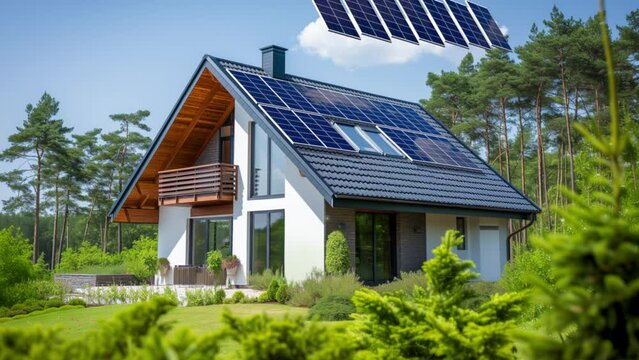 Modern house with solar panels - 3d animation.