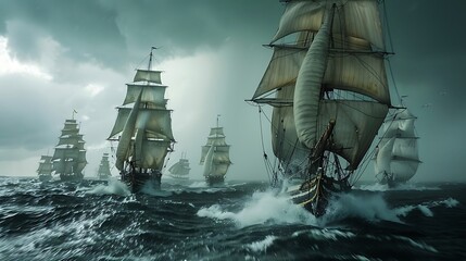 an image of a fleet of sailing ships navigating through a stormy sea, capturing the intensity of the moment and showcasing the raw power of nature against the resilience of the vessels - obrazy, fototapety, plakaty