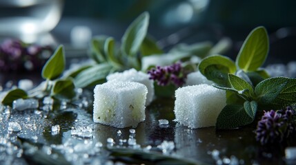 Fresh herbs and sugar cubes on a dewy surface - obrazy, fototapety, plakaty