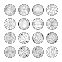 Wireframe shapes, lined sphere. Perspective mesh, 3d grid. Low poly geometric elements. Retro futuristic design elements, y2k, vaporwave and synthwave style. Vector illustration
