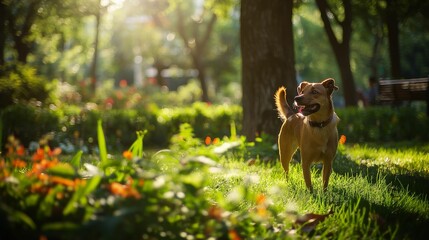 Image of a dog among flowers.