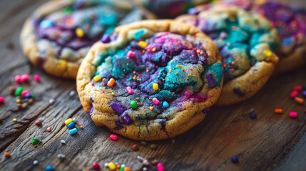 Colorful homemade cookies with sprinkles on a wooden table - obrazy, fototapety, plakaty