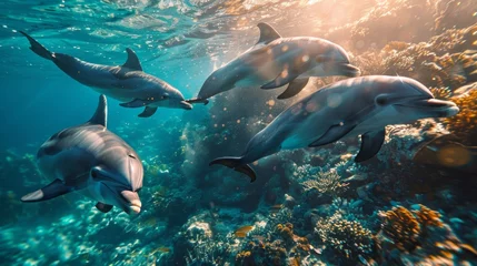  a group of dolphins are swimming in the ocean near a coral reef © Yuchen