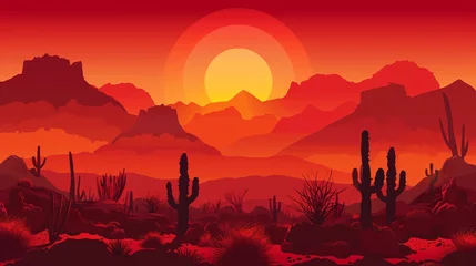 Cercles muraux Rouge Abstract desert landscape art background featuring the rugged terrain of Texas's western mountains adorned with cacti. The scene is set against a backdrop of a red sky and a radiant sun