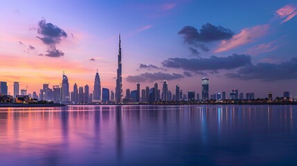 The Dubai skyline during sunset and the blue hour, showcasing the city's iconic landmarks and shimmering lights against the colorful sky as day transitions into night