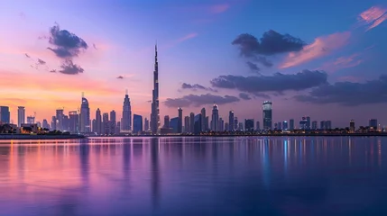 Crédence de cuisine en plexiglas Skyline The Dubai skyline during sunset and the blue hour, showcasing the city's iconic landmarks and shimmering lights against the colorful sky as day transitions into night