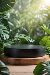 luxurious Platform and podium background on nature and monstera leaves  for product stand display advertising cosmetic beauty products or skincare with empty round stage