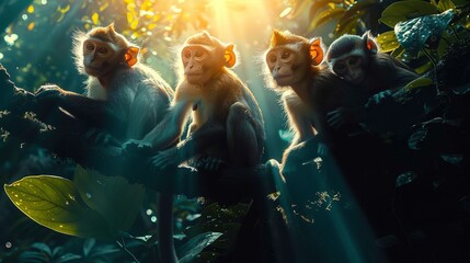 A group of primates perched on a tree branch in the jungle - obrazy, fototapety, plakaty