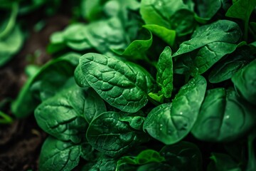 Fresh spinach leaves with dew drops in a garden - obrazy, fototapety, plakaty
