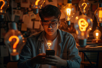 A young man looks intently at the screen of his mobile phone, with flying question marks and glowing light bulbs around him. - obrazy, fototapety, plakaty