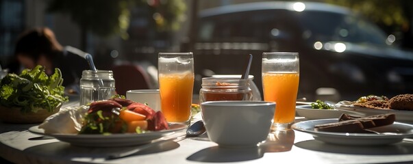 A photo of two glasses of orange juice on a table surrounded by plates and cups 