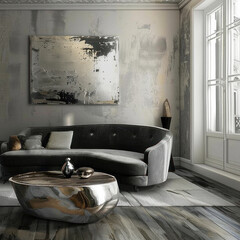Modern Contemporary: Create a sleek and sophisticated living space with a gray sofa placed on a polished wooden floor. Add statement pieces such as sculptural coffee tables. Generative AI