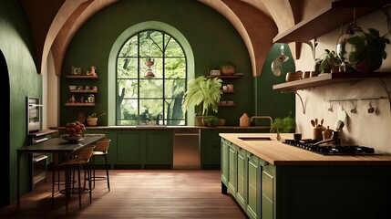 Fototapeta na wymiar an image of a kitchen with a green wooden archway, seamlessly blending the styles of cottagecore and conceptual minimalism, emphasizing rich and immersive design elements