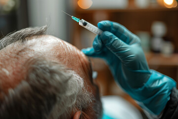 Senior man with hair loss problem receiving injection. - obrazy, fototapety, plakaty