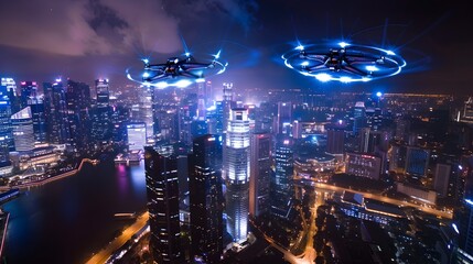Drones Performing Aerial Art: A Symphony of Precision Engineering and Creativity Over a Cityscape at Night - obrazy, fototapety, plakaty