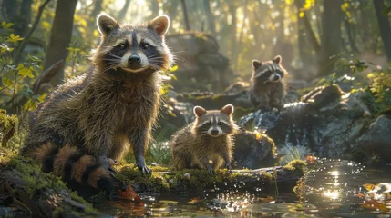 Tuinposter A group of raccoons with distinctive masks exploring the wooded biome © Yuchen