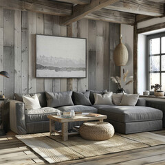 Rustic Retreat: Design a rustic-inspired living room with a gray sofa set against a weathered wooden floor. Incorporate natural elements such as reclaimed wood furniture, woven rugs, and earthy tones.