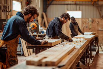 Three carpenters work hard in their carpentry workshop with wooden boards, planing them. Profession carpenter - obrazy, fototapety, plakaty