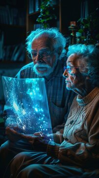 Grandparents using hologram projectors to tell bedtime stories, their figures glowing with tales , high resolution DSLR