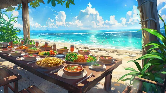  Table adorned with mouthwatering dishes and a splendid wine bottle. Seamless Looping 4k Video Animation