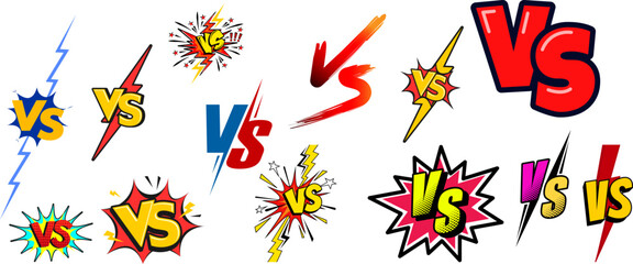 Fototapeta premium Comics vs collection. Versus lightning ray border, comic fighting duel and fight confrontation logo. Vs battle challenge, sports team matches conflict isolated cartoon vector background