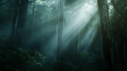 Image of a rainforest shrouded in mist and darkness. - obrazy, fototapety, plakaty
