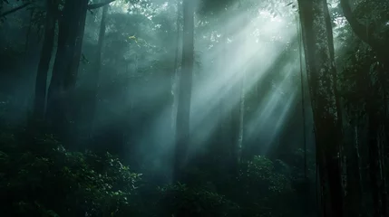 Fototapeten Image of a rainforest shrouded in mist and darkness. © kept
