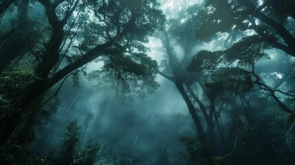 Image of a rainforest shrouded in mist and darkness. - obrazy, fototapety, plakaty