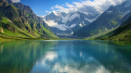 Image of a serene lake nestled amidst towering mountains.