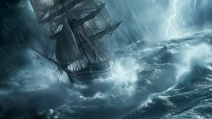Outdoor kussens Image of a ship in a storm in the ocean. © kept